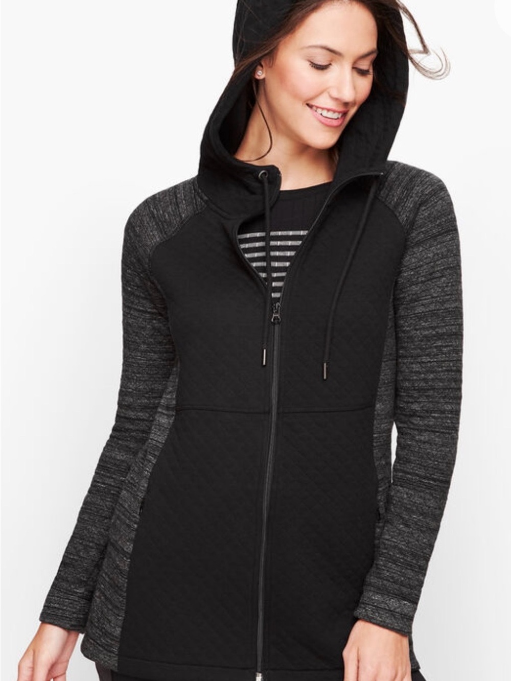 T by Talbots Quilted Black Hooded Zip Jacket (Size LP)